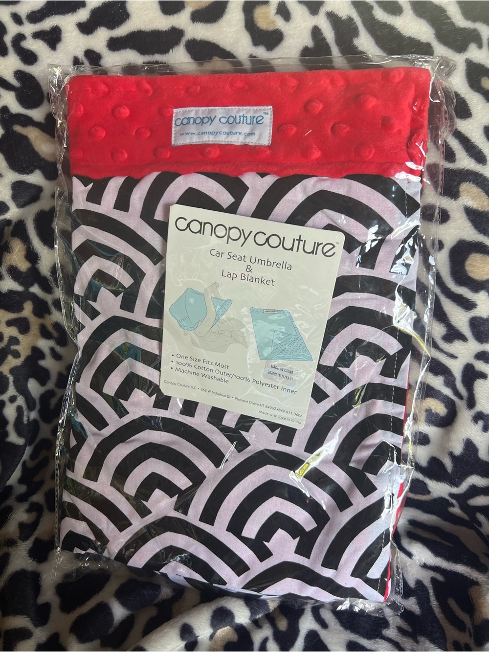 Canopy Couture Car Seat Umbrella & Lap Blanket - White & Black with Red Trim